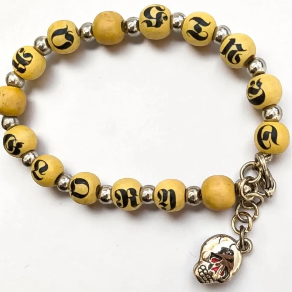 Vintage Ed Hardy Death Or Glory Skull Charm Wood Bead Bracelet Y2K Biker Punk